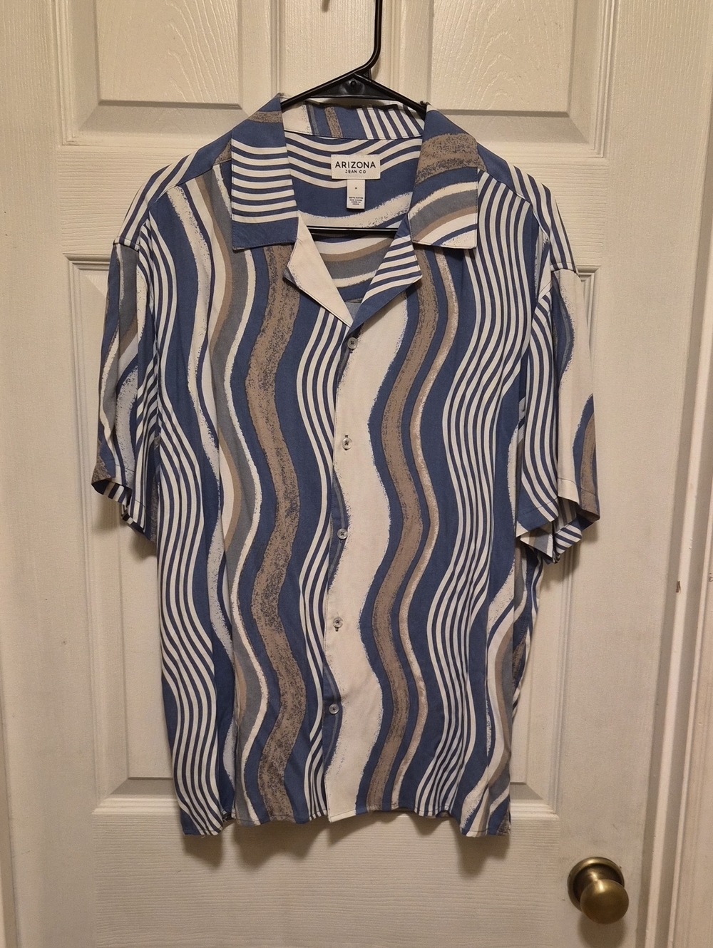 Arizona Jean Company Blue, White and Tan Wavy Stripe Camp Shirt